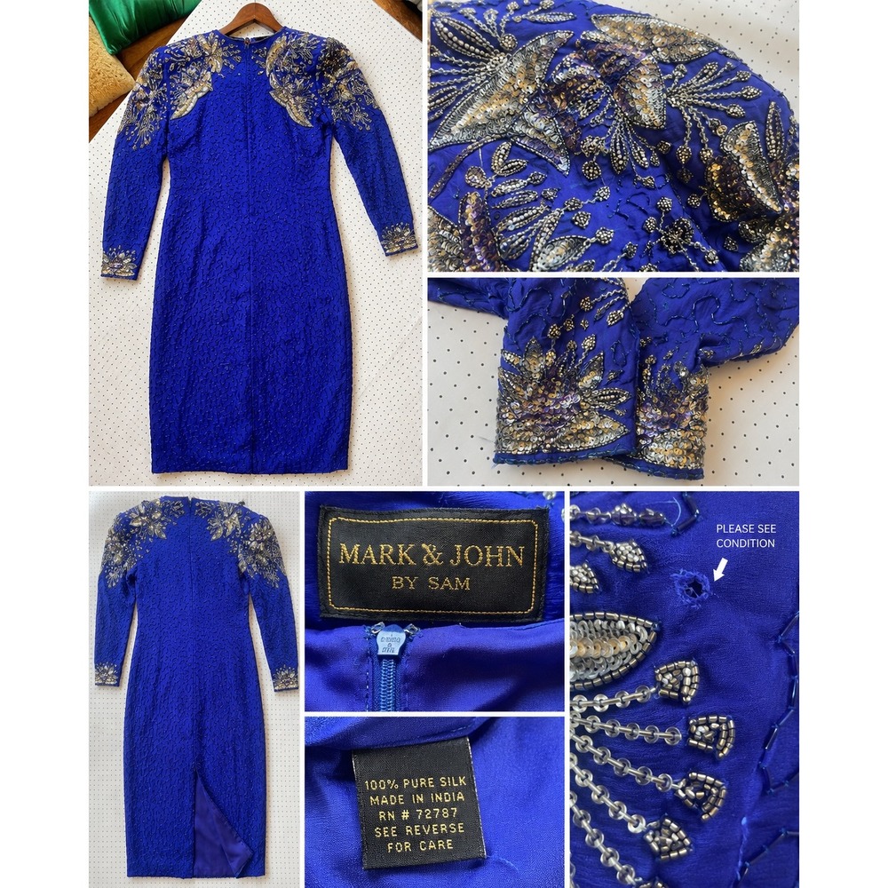 Silk Beaded Sequin Royal Blue Dress Vintage 1X Mother of the Bride MOB Formal